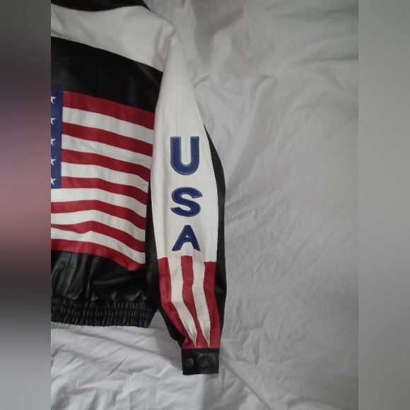 Vintage Oscar Piel Perfect Leather USA Flag Stars Stripes Jacket Size Medium Y2K - Picture 3 of 9